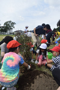 安平 児童ら節目をお祝い 遠浅小開校１２０周年記念集会と植樹